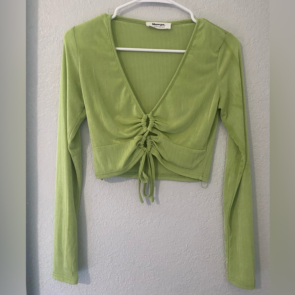 Showpo Green Tie Long Sleeve Crop Top